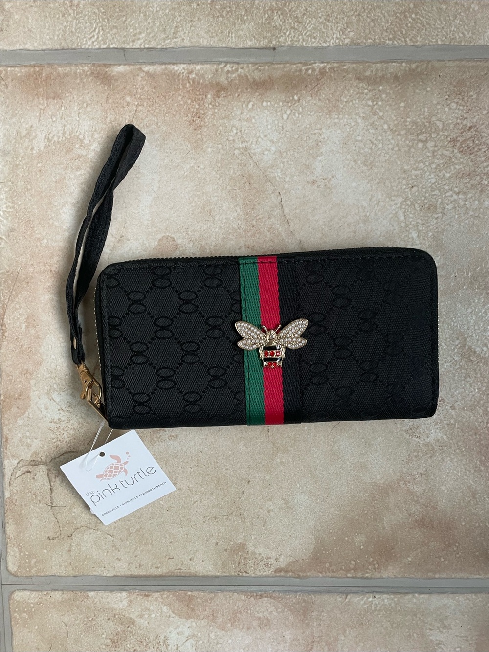 NWT Pink Lily black red green striped queen bee design billfold wallet wristlet